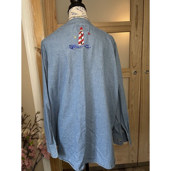 Quacker Factory Vintage Embroidered Nautical Denim Long Sleeve Button Down Sz 1X - Picture 2 of 12